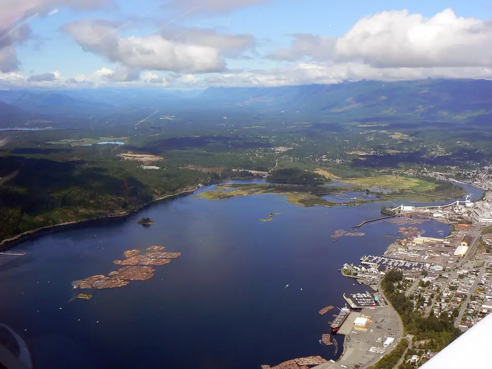 An aerial view of the Port Alberni harbour on Vancouver Island