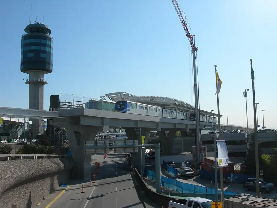 The control tower and Canada Line station at Vancouver International Airport
