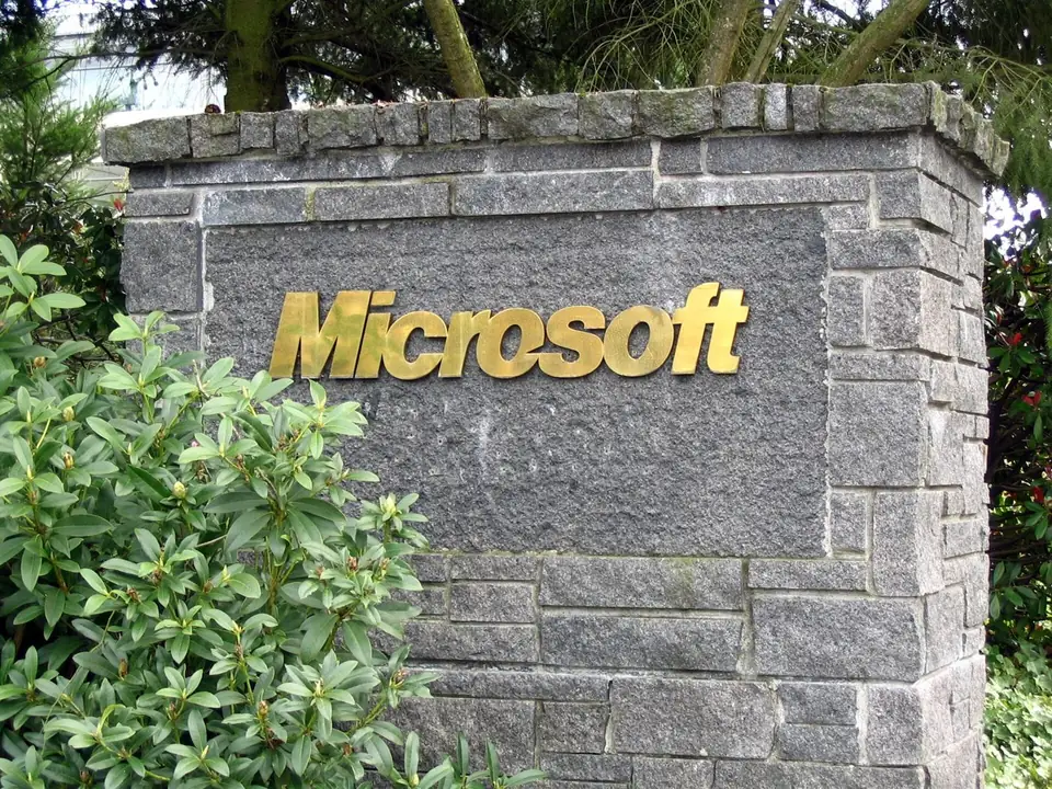 A Microsoft sign on a stone marker