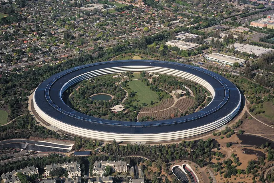 An aerial view of Apple Park in Cupertino, Calif