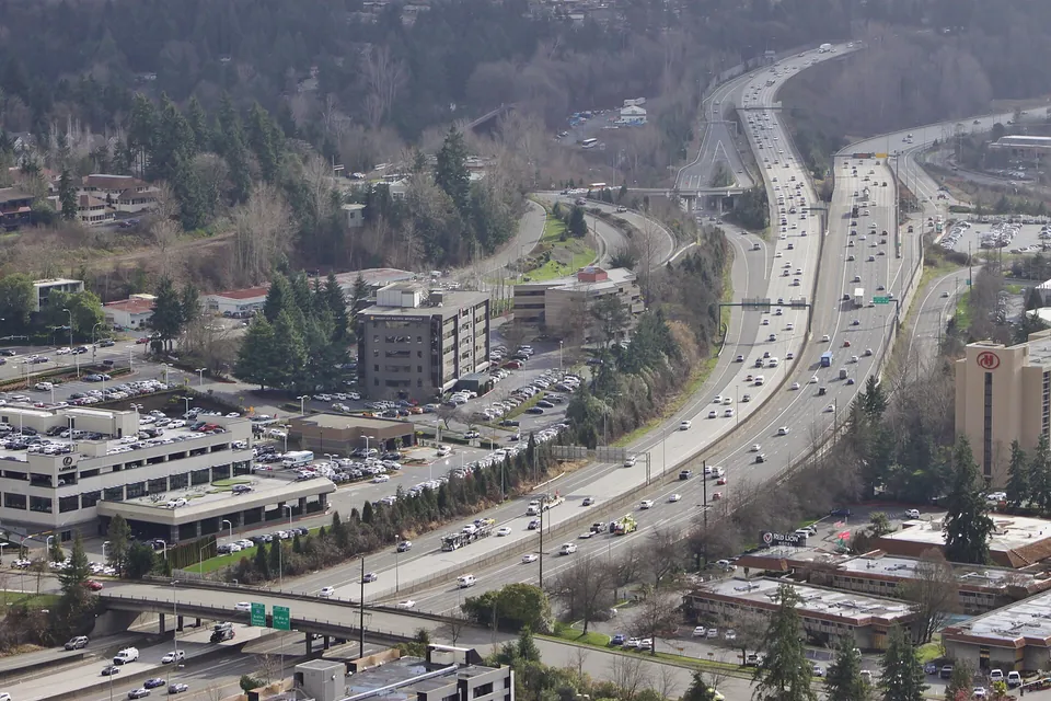 Interstate 405 traffic passing Downtown Bellevue, Washington