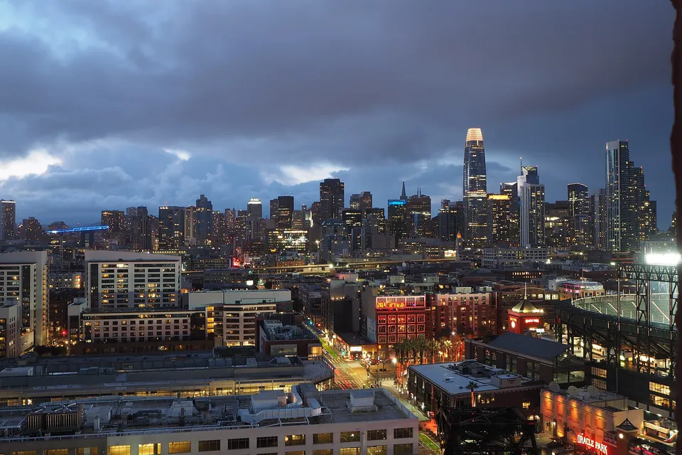 The San Francisco skyline at sunset seen from Mission Bay