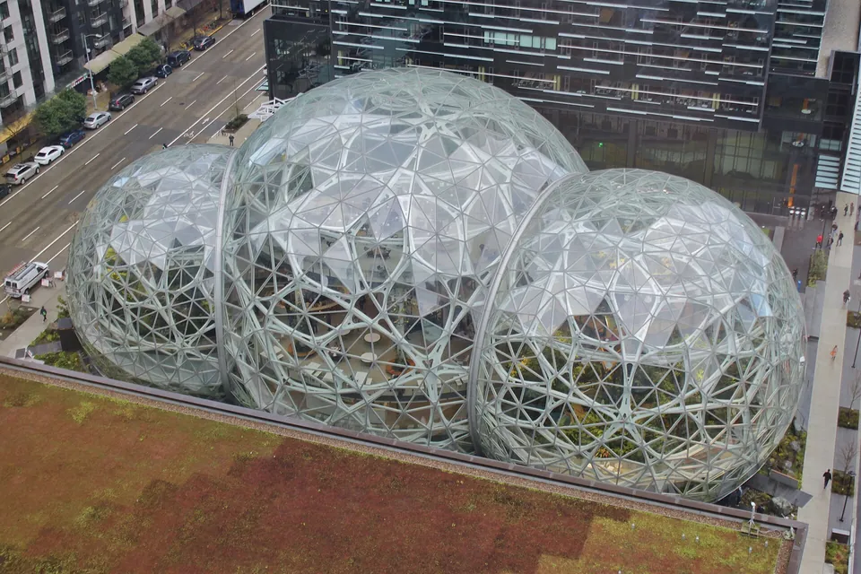 The Amazon Spheres in downtown Seattle seen from above
