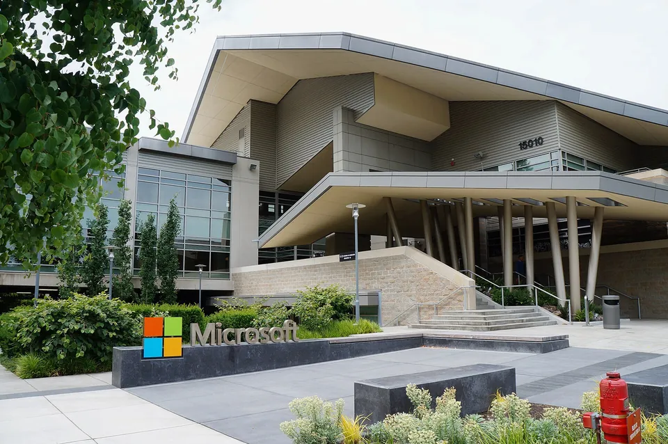 Building 92 on Microsoft's Redmond campus with the Microsoft logo sign