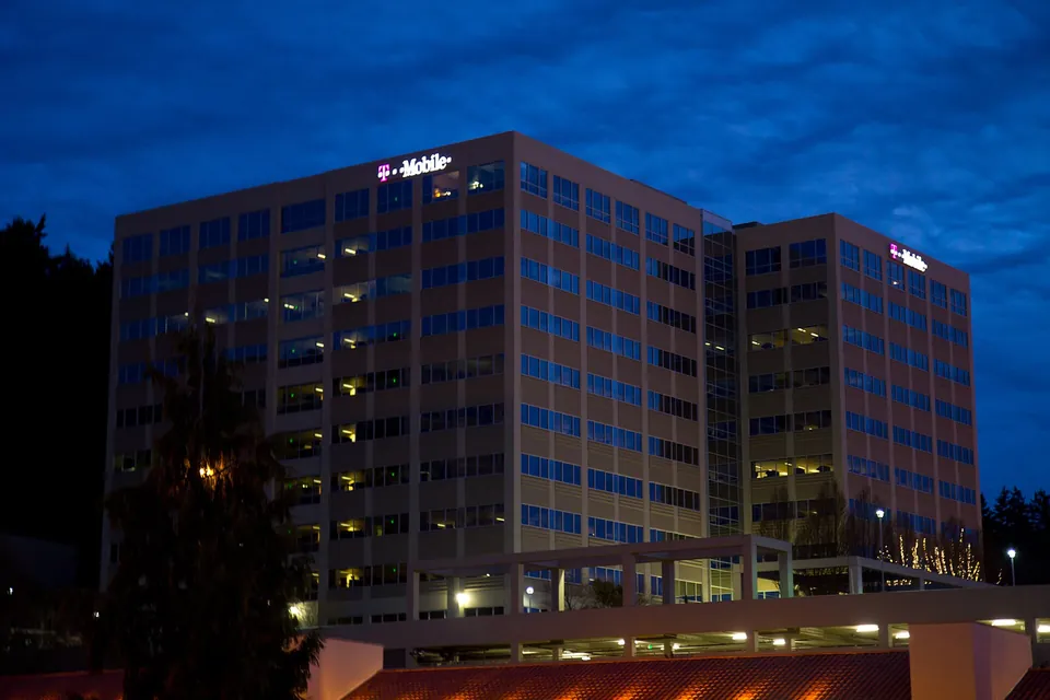 T-Mobile's headquarters office building in Bellevue, Washington, at dusk