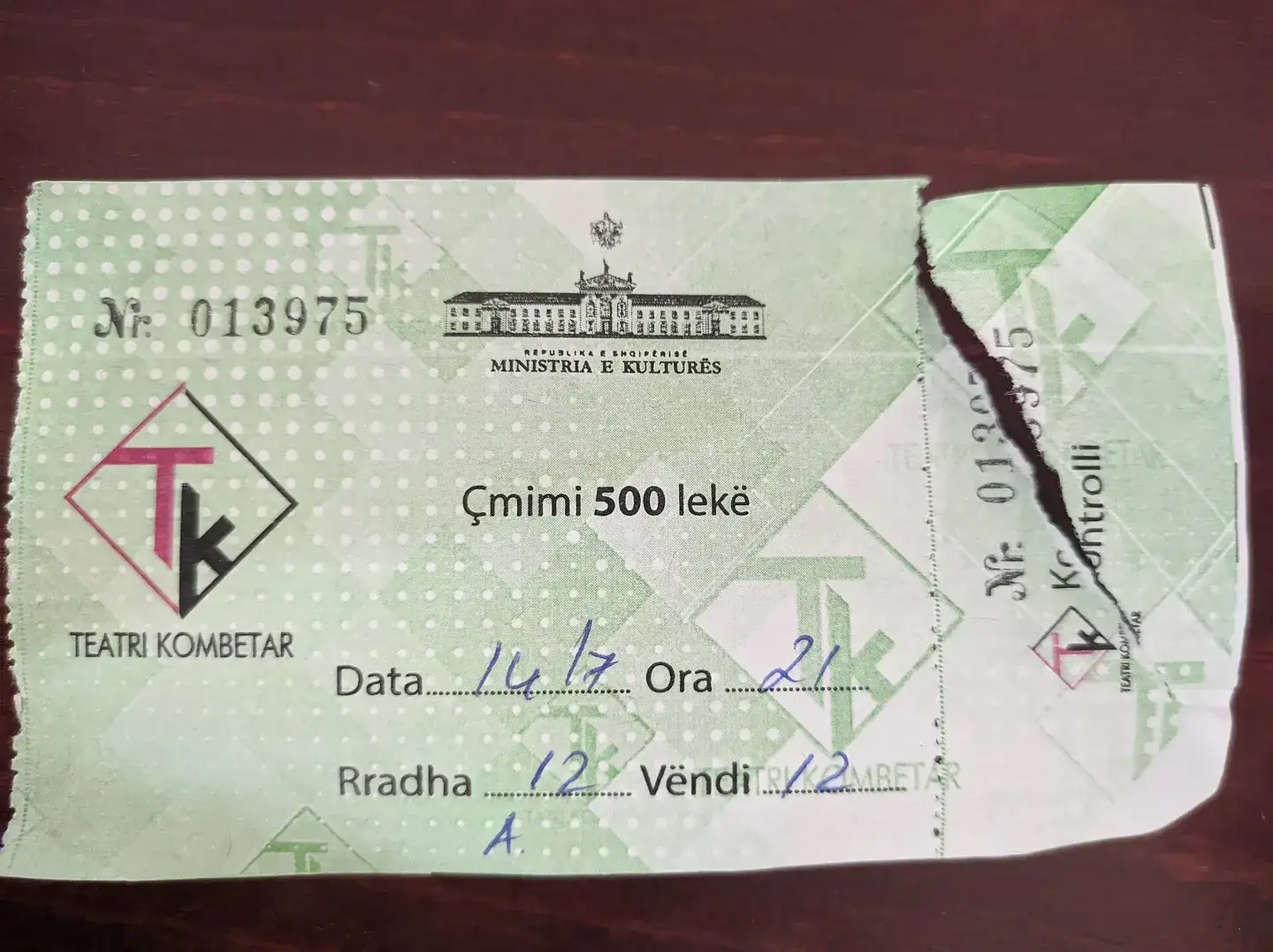 Ticket from the institution of Albanian National Theater