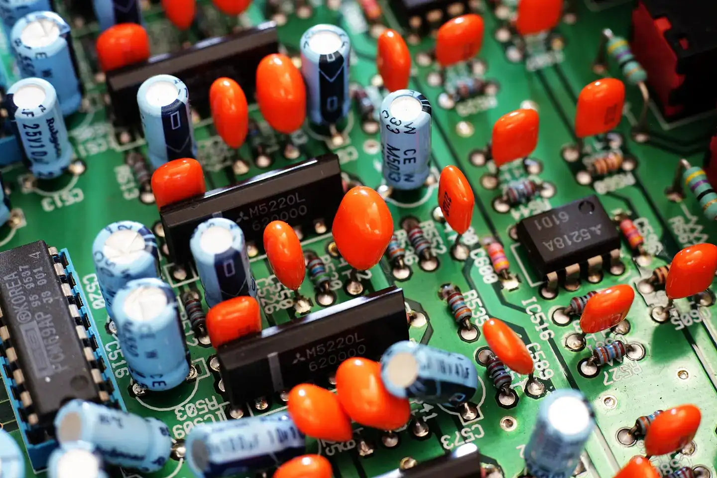 A printed circuit board, specifically the analogue I/O board of an Akai CD3000XL sampler