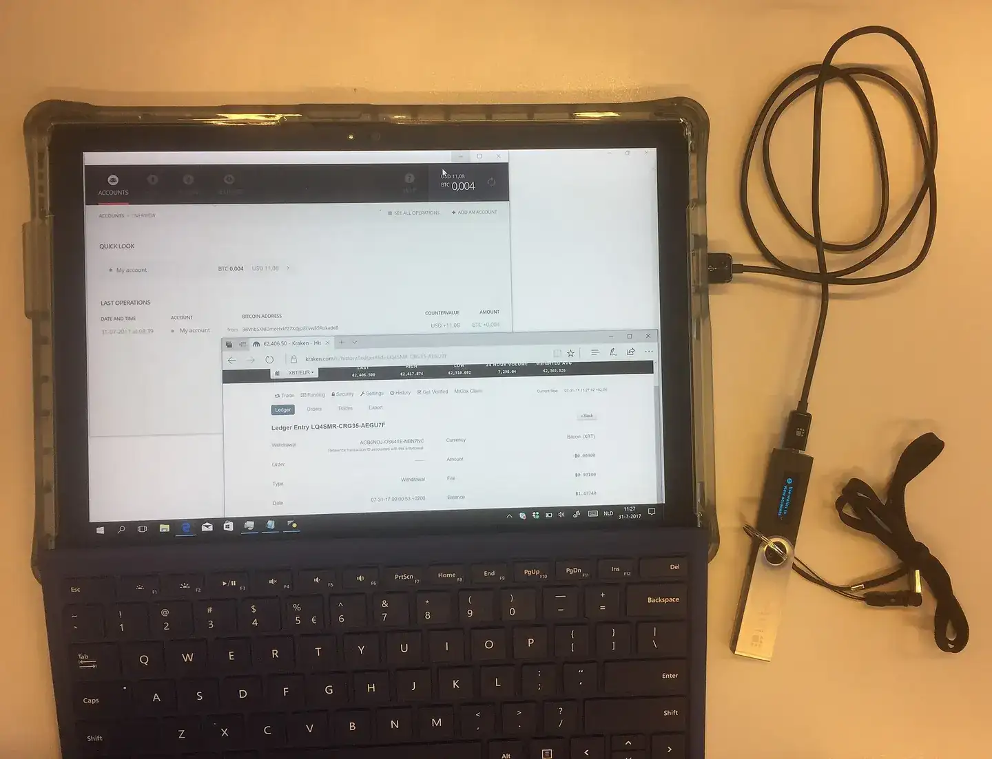 An actual bitcoin transaction from the Kraken cryptocurrency exchange to a hardware cryptocurrency wallet