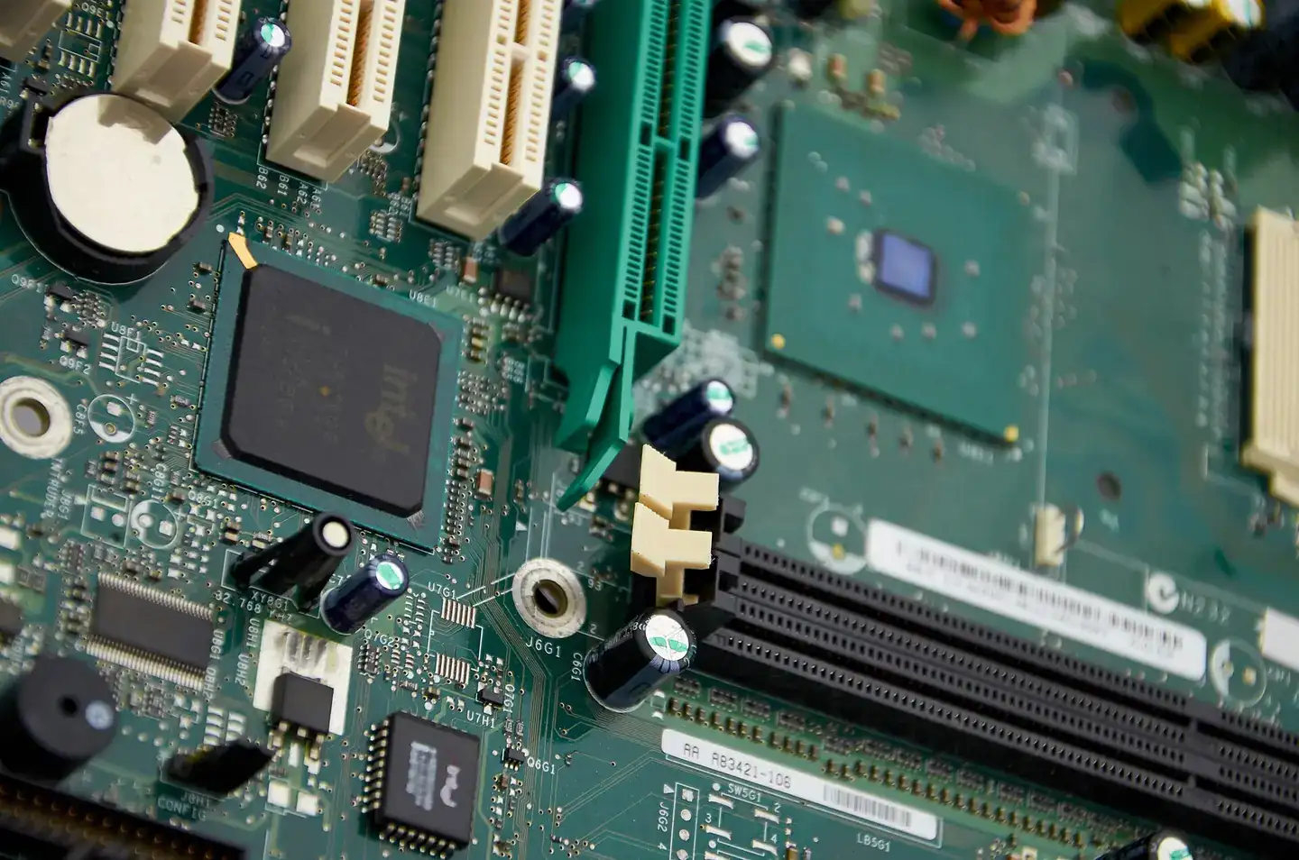 A closeup of a computer's motherboard