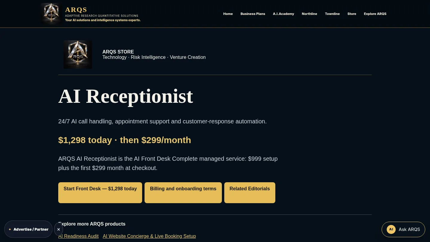 Screenshot of the live page at arqs.ca/products/ai-receptionist