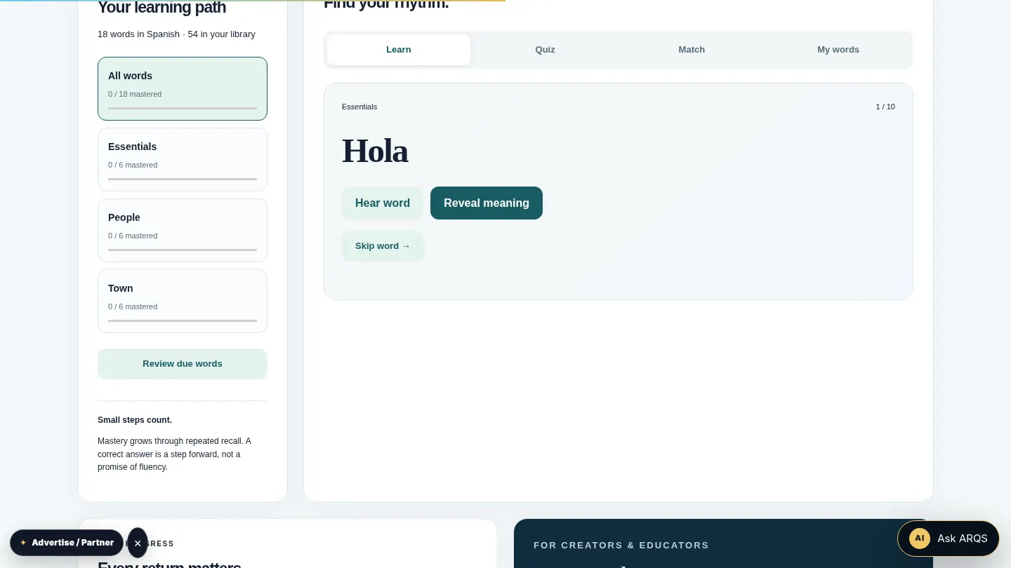 Screenshot of the live page at arqs.ca/language-lab