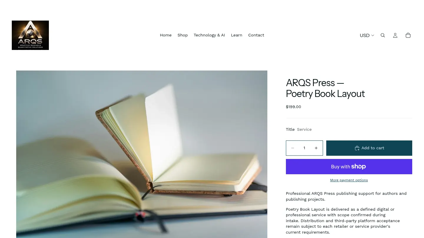 Screenshot of the live page at uzrkzm-7p.myshopify.com/products/arqs-press-poetry-book-layout