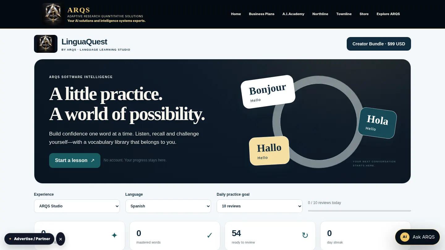 Screenshot of the live page at arqs.ca/language-lab
