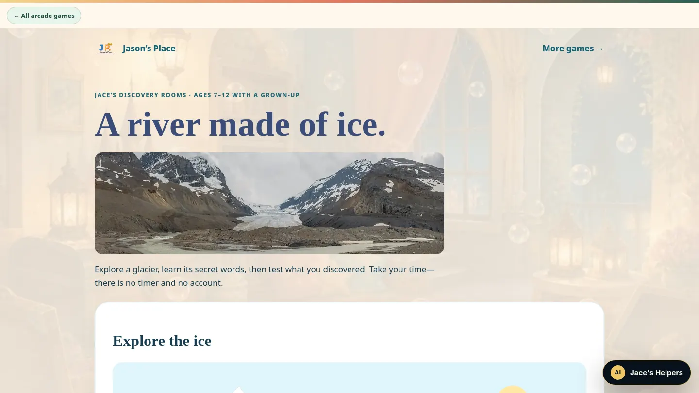 Screenshot of the live page at arqs.ca/jasons-place/play/glacier-room
