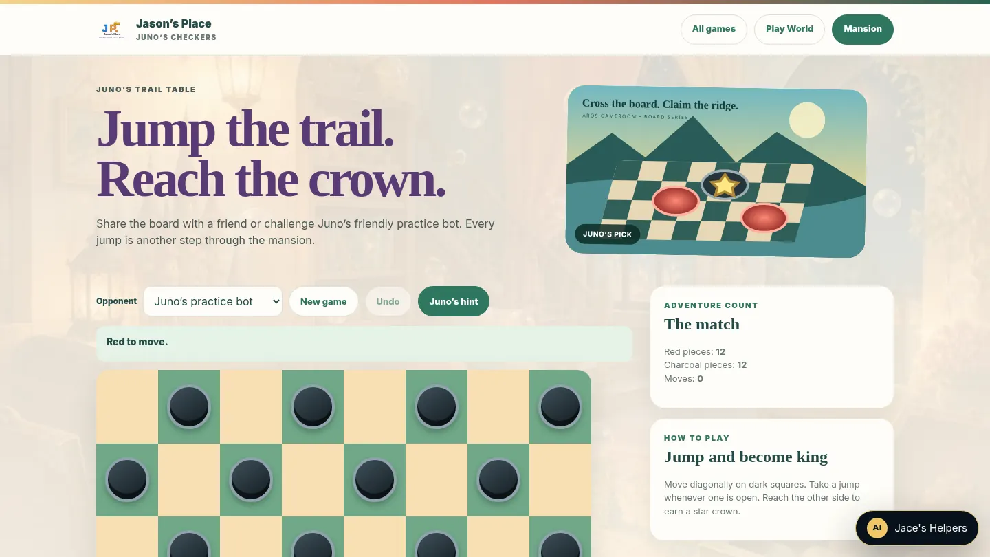 Screenshot of the live page at arqs.ca/jasons-place/play/arcade/checkers