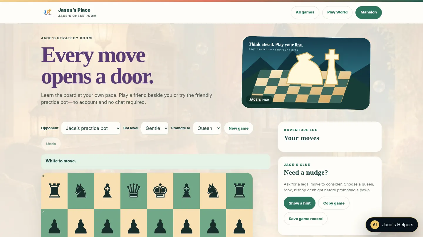 Screenshot of the live page at arqs.ca/jasons-place/play/arcade/chess