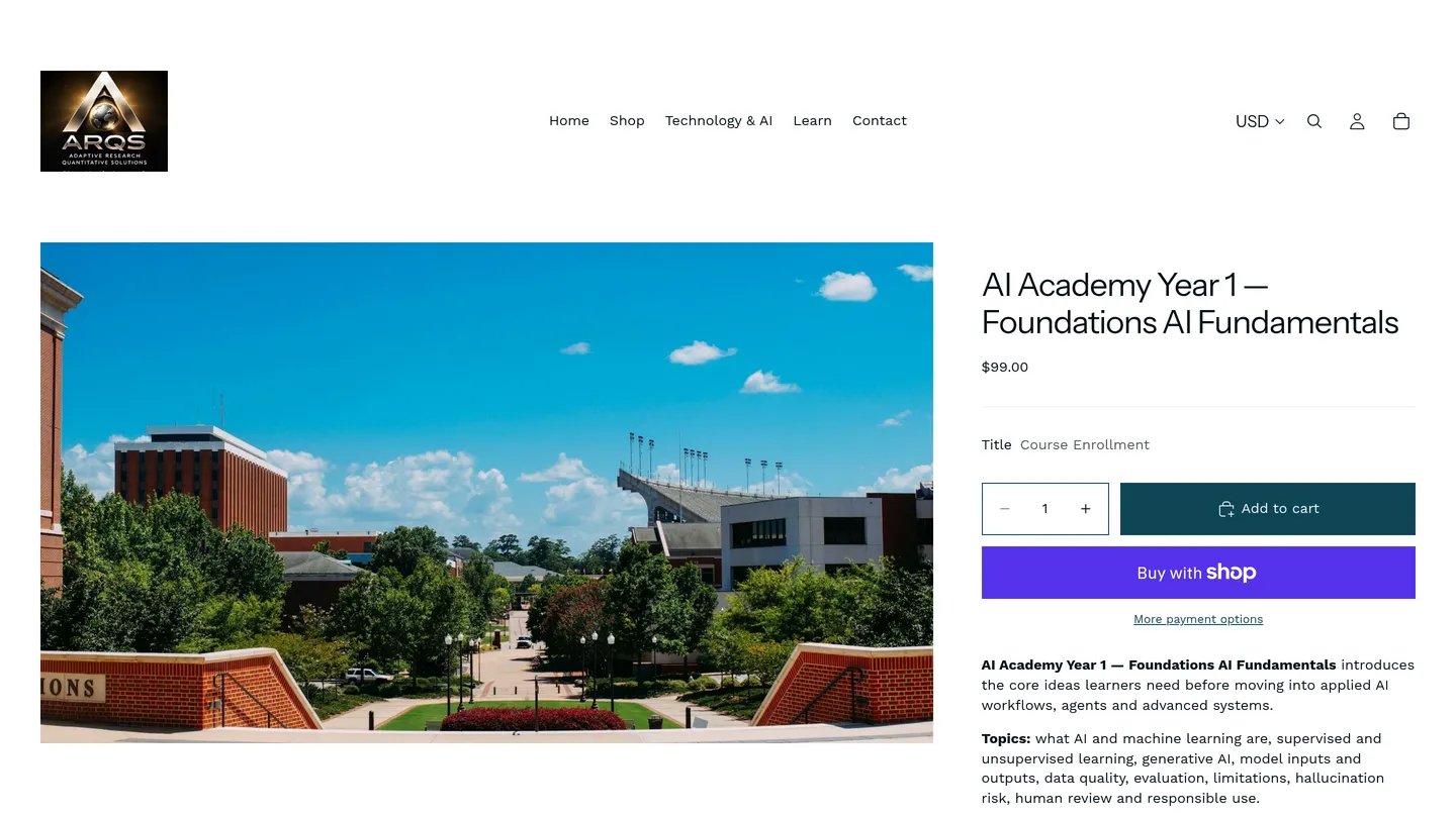 Screenshot of the live page at uzrkzm-7p.myshopify.com/products/ai-academy-year-1-foundations-ai-fundamentals