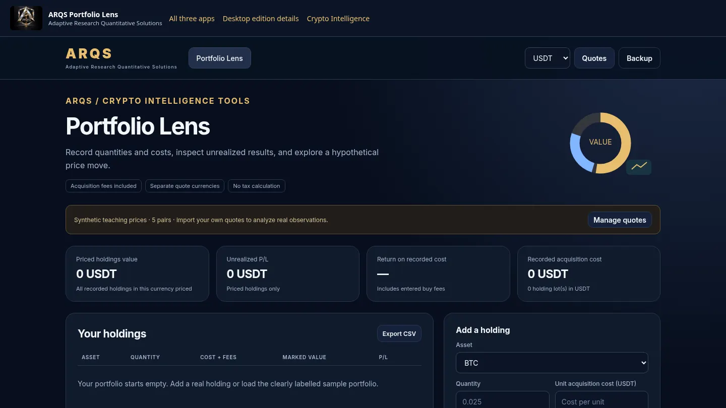 Screenshot of the live page at arqs.ca/crypto-tools/portfolio-lens/app
