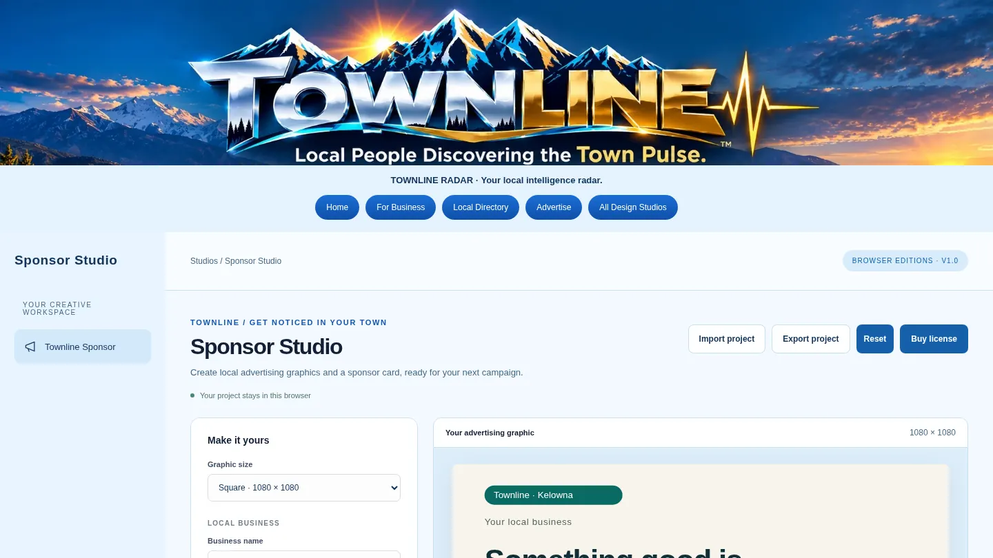 Screenshot of the live page at arqs.ca/townline/sponsor-studio