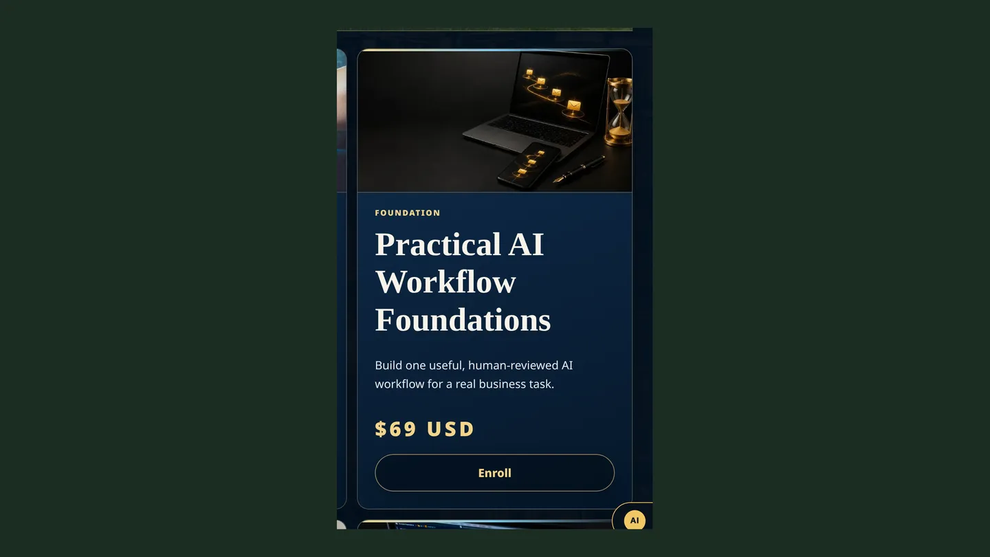 Screenshot of the live page at arqs.ca/academy/store, showing Practical AI Workflow Foundations