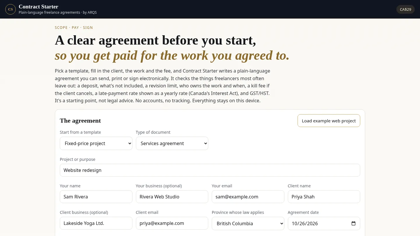 Contract Starter — plain-language freelance agreements by ARQS