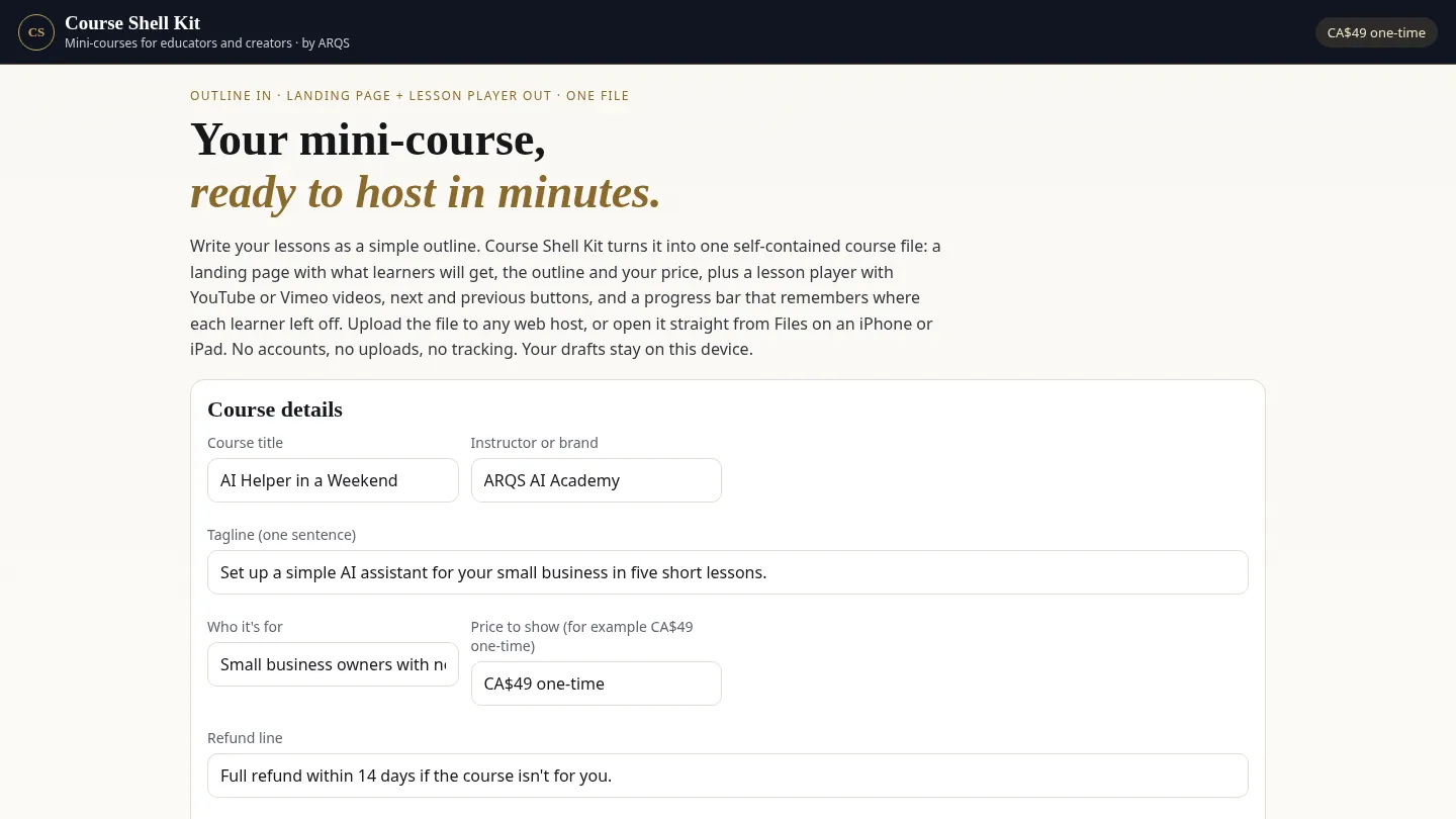 Course Shell Kit — mini-course landing page and lesson player by ARQS