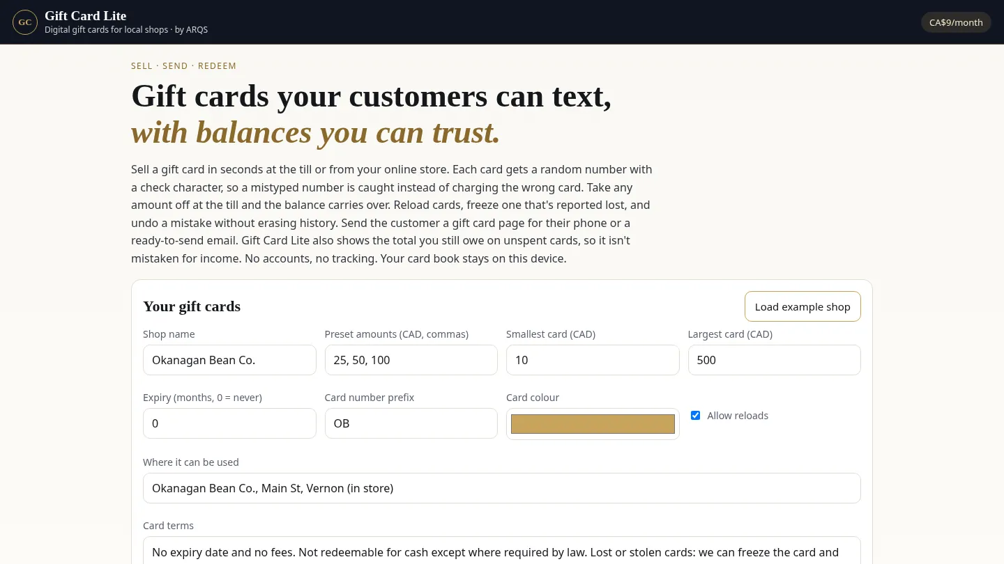 Gift Card Lite — digital gift cards for local shops by ARQS