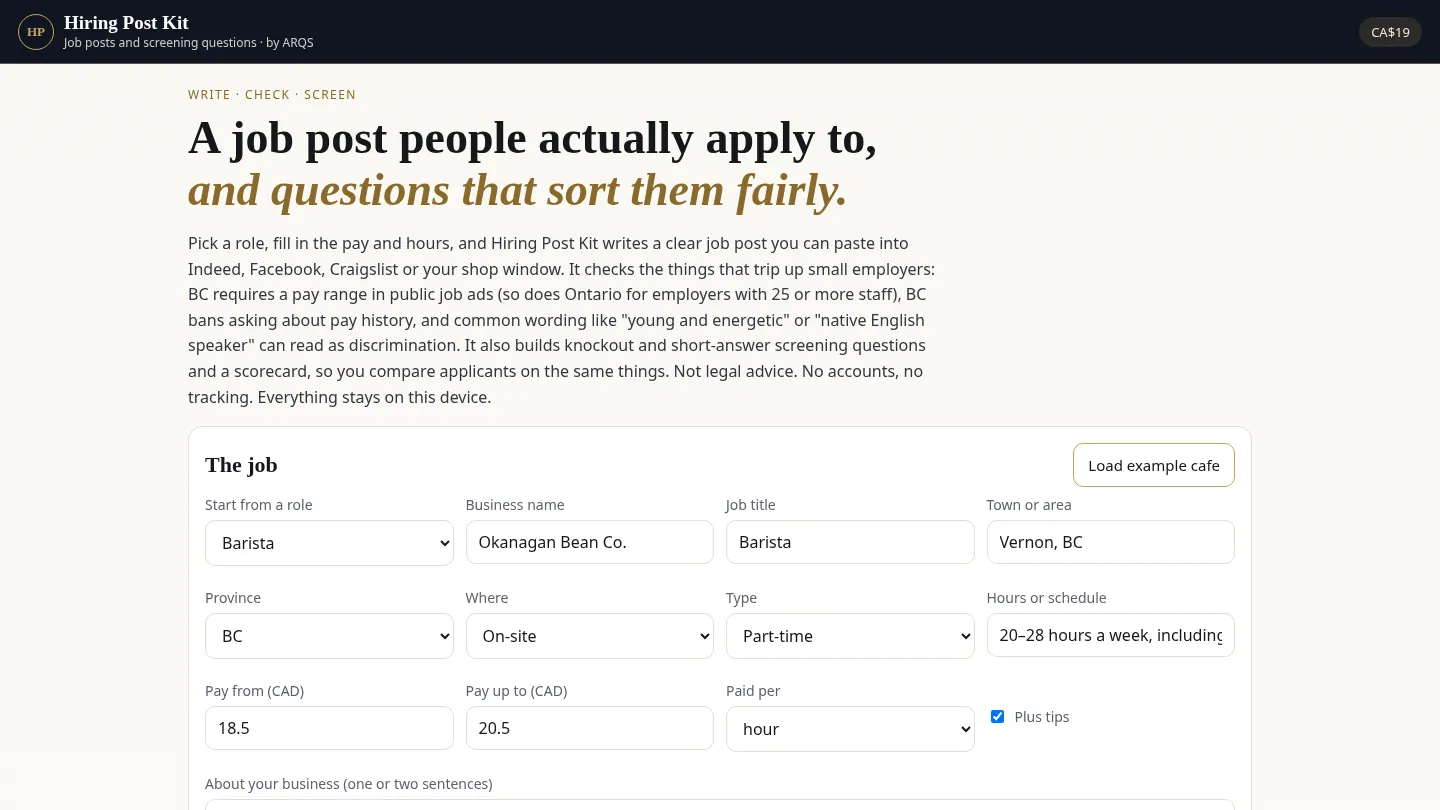 Hiring Post Kit — job posts and screening questions for small businesses by ARQS