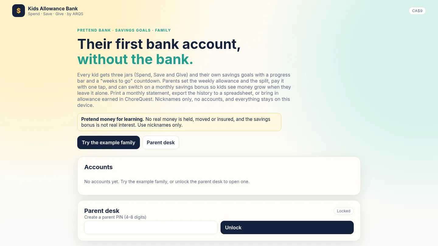 Kids Allowance Bank — pretend bank and savings goals for kids by ARQS