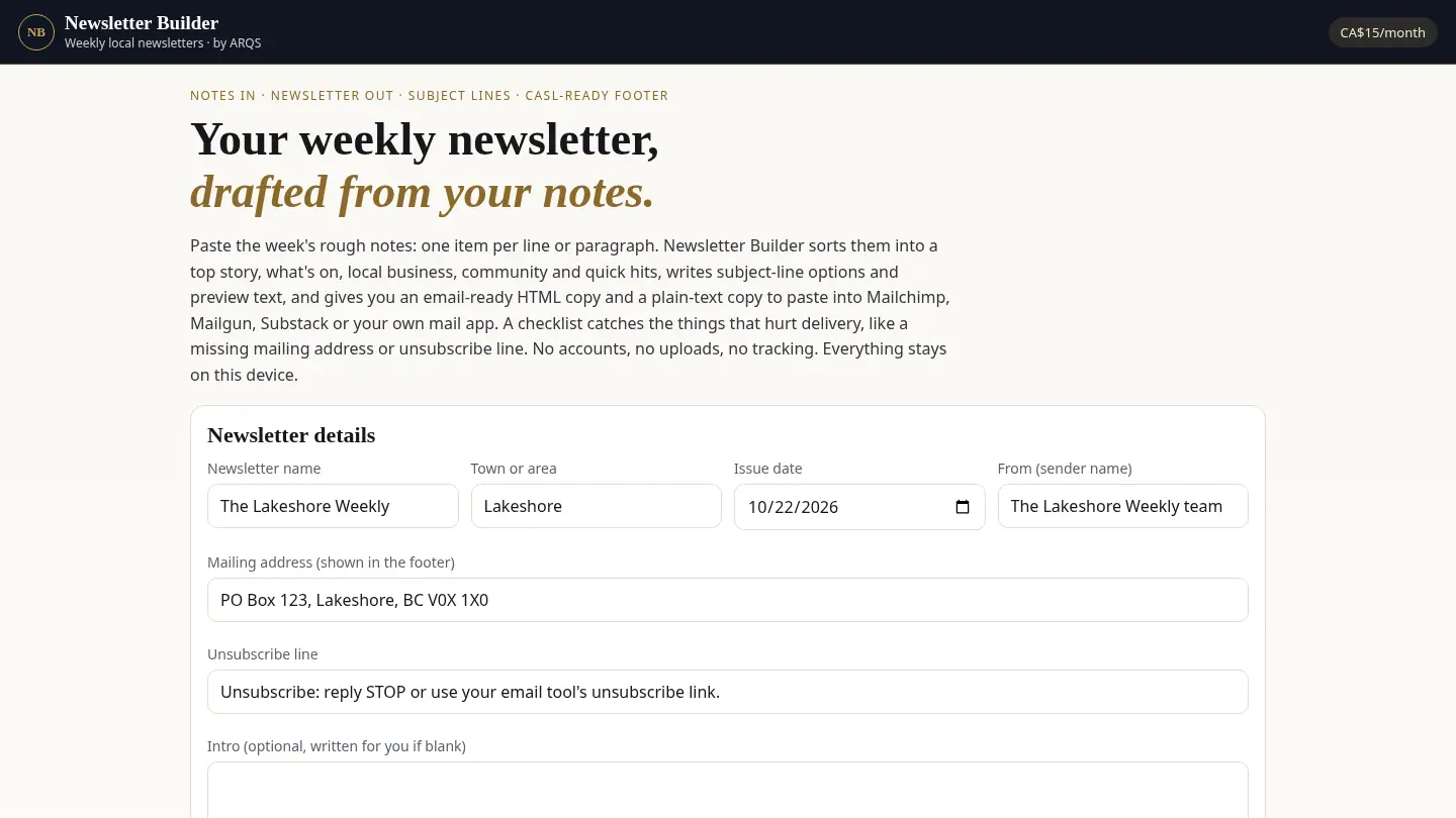 Newsletter Builder — weekly local newsletter drafts by ARQS