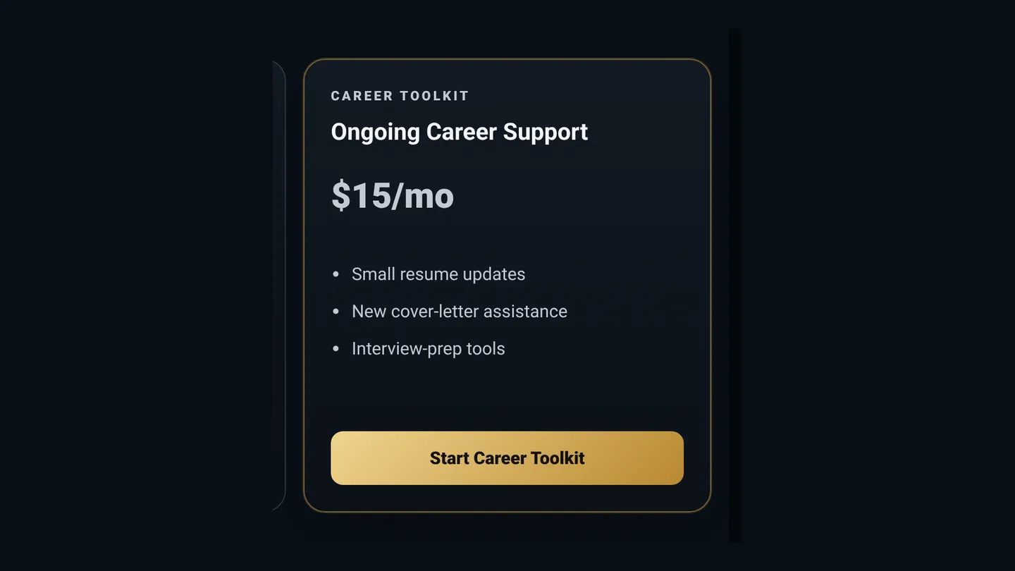 Screenshot of the live page at arqs.ca/resume-service, showing Ongoing Career Support