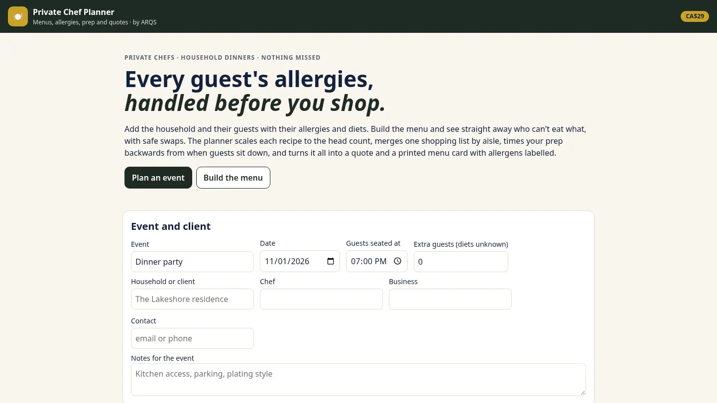 Private Chef Planner — menus, allergies, prep and quotes for private chefs by ARQS