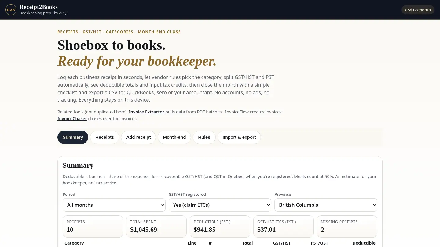 Receipt2Books — bookkeeping prep tool by ARQS