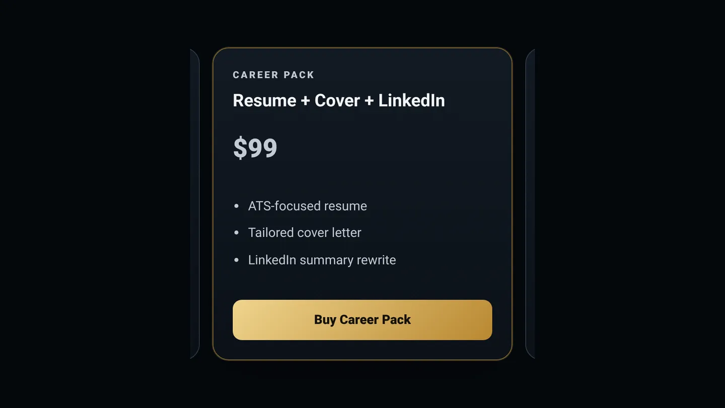 Screenshot of the live page at arqs.ca/resume-service, showing Resume + Cover + LinkedIn
