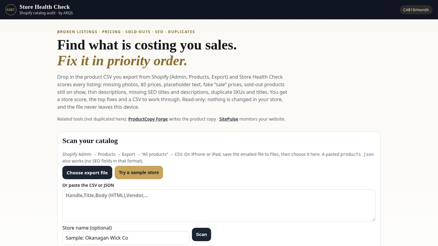 Store Health Check — Shopify catalog audit tool by ARQS