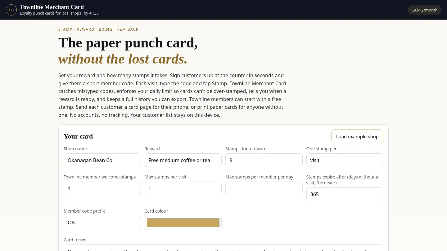 Townline Merchant Card — digital loyalty punch card for local shops by ARQS