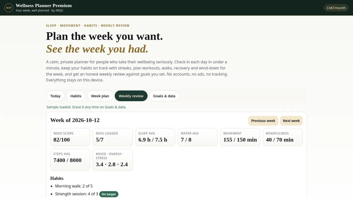 Wellness Planner Premium — private weekly wellness planner by ARQS
