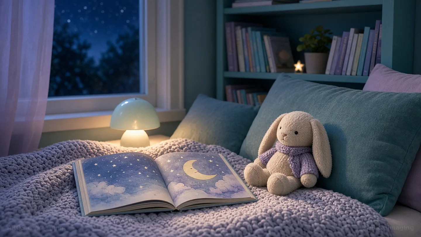 A cozy reading nook with an open picture book, a night lamp and a plush bunny