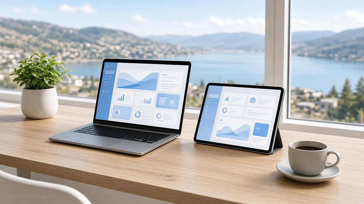 A laptop and tablet on an oak desk overlooking Okanagan Lake