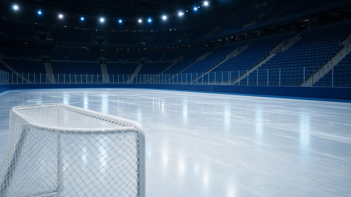 An empty hockey arena under cool arena lights
