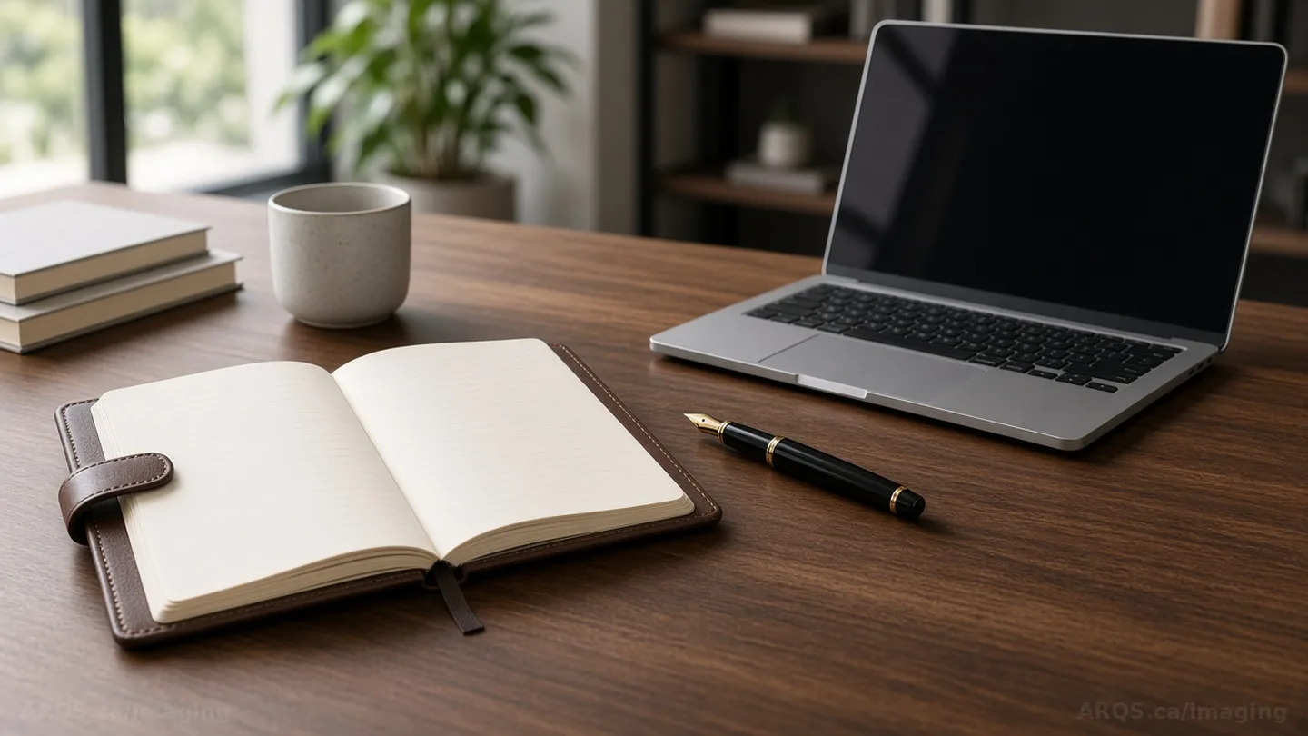 An open leather notebook, fountain pen and laptop ready for client discovery questions