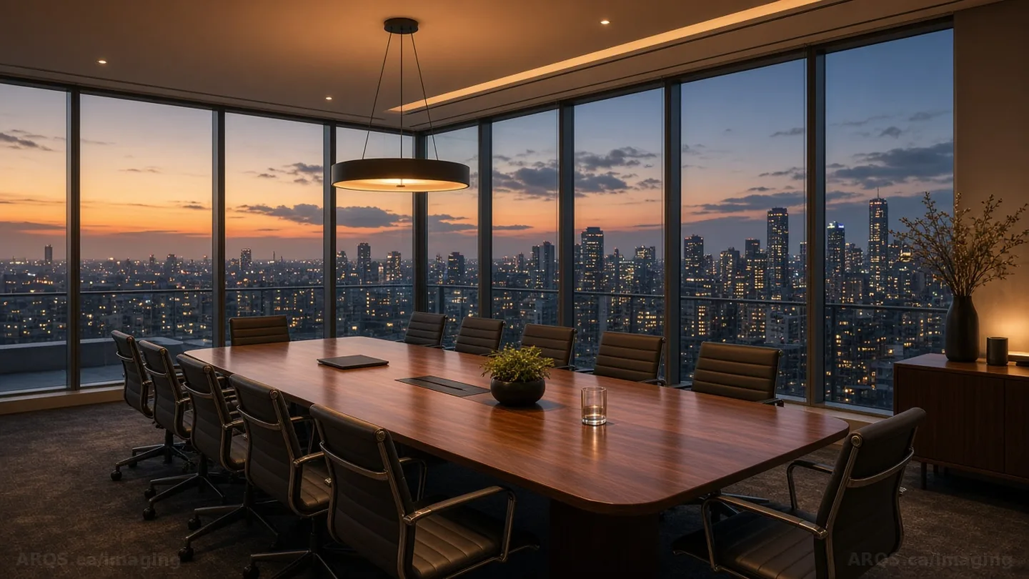 An empty glass-walled sales meeting room above the city at dusk