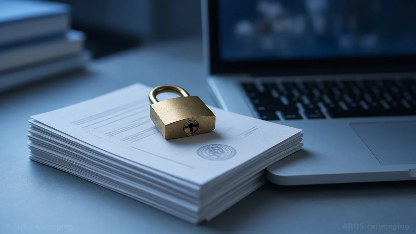 A brass padlock resting on a stack of printed policy documents beside a laptop