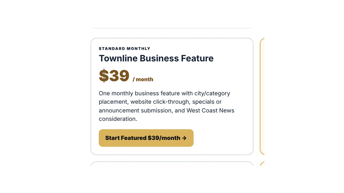 Screenshot of the live page at arqs.ca/intelligence/advertising/townline-business-offer, showing Townline Business Feature