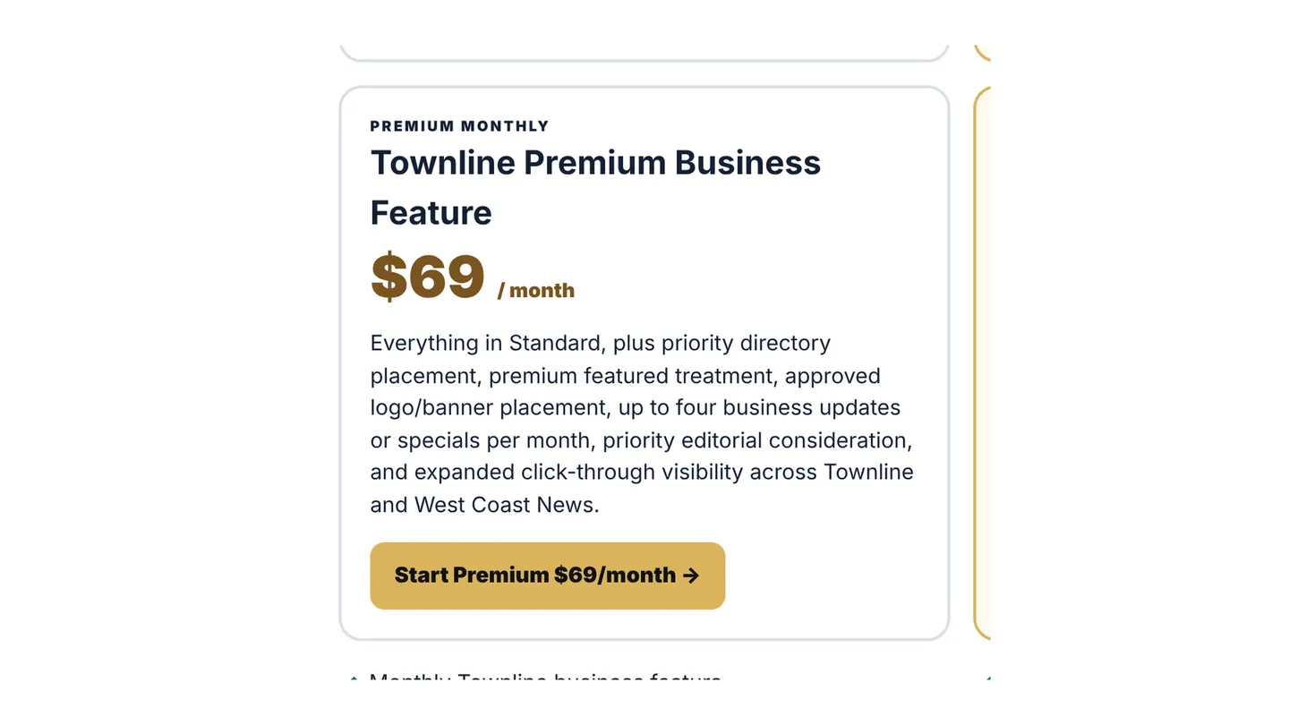 Screenshot of the live page at arqs.ca/intelligence/advertising/townline-business-offer, showing Townline Premium Business Feature