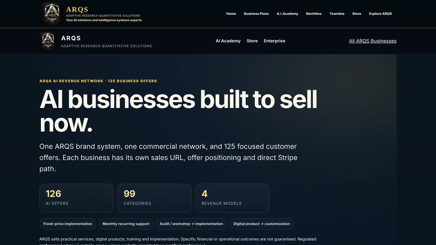 Screenshot of the live page at arqs.ca/ai-businesses